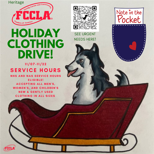 Holiday clothing drive accepting all gently used clothing from 11/07-11/22